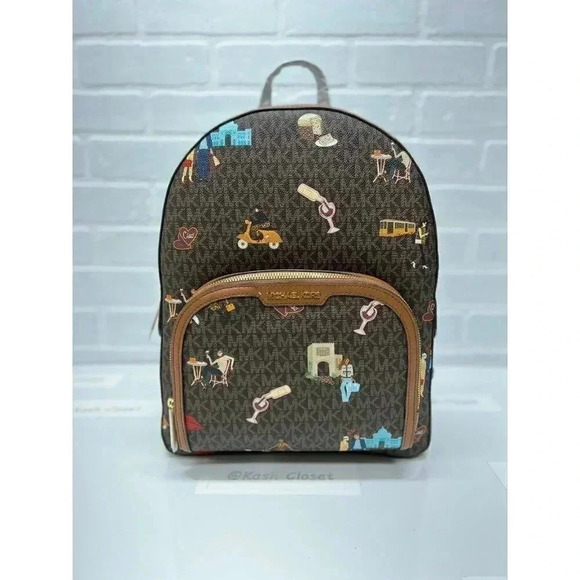MICHAEL KORS JET SET GIRLS LARGE ZIP JAYCEE BACKPACK - BROWN MULTI - Picture 1 of 11